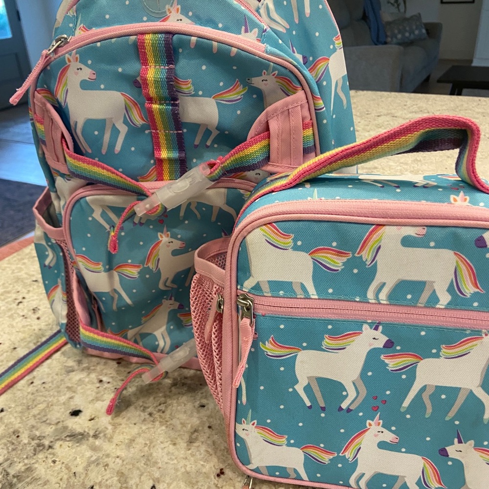 Pottery Barn aqua unicorn parade backpack and lunch box